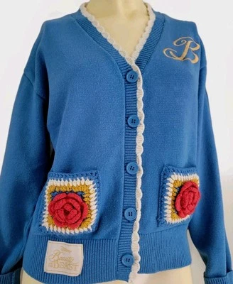 Disney Princess Beauty & The Beast Belle Roses Crochet Women's  Blue Cardigan XS - Image 1 of 4