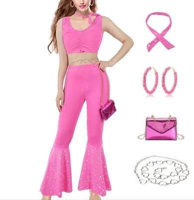 Fantasia feminina discoteca/vaqueira rosa anos 70 anos 80 - Cosplay tamanho grande, 30” cintura - Imagem 1 de 4