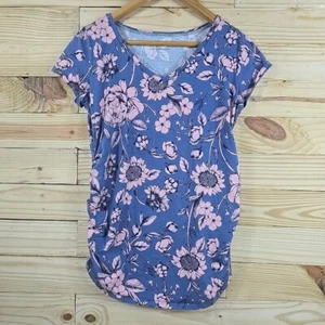 Motherhood Maternity Shirt MED Fitted Vneck Short Sleeve Pink Blue Floral - Picture 1 of 7