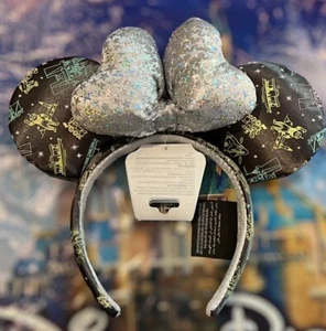 Disney 100 Minnie schwarz Satin Disneyland Symbol Ohren Stirnband Puffy Silber Schleife - Bild 1 von 4
