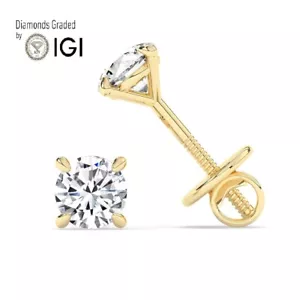 Round Solitaire 18K Yellow Gold Studs Earring, 2ct, Lab-grown IGI Certified - Picture 1 of 13