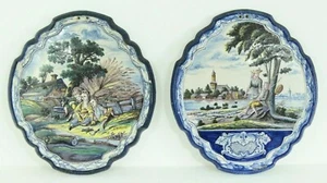 =18th c. Dutch Delft Two Polychrome Faience Plaques - Romantic Scene & Children - Picture 1 of 12