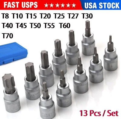 13Pcs/Set T Torx Star Female Bit Socket Set 1/2" 3/8" 1/4" Drive T8 - T70 w/Case - Image 1 of 4