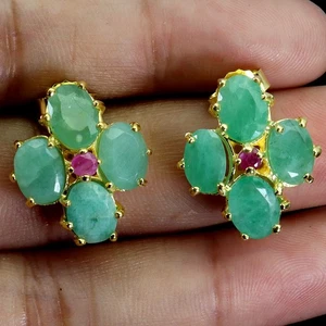 Black Friday 925 Sterling Silver Earrings Emerald 7x5mm Ruby Natural Jewelry - Picture 1 of 13