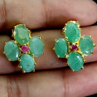 Black Friday 925 Sterling Silver Earrings Emerald 7x5mm Ruby Natural Jewelry - Image 1 of 4