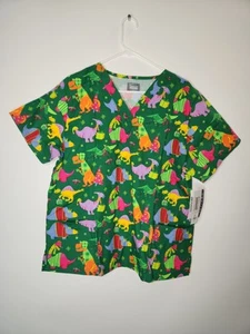 Butter-Soft Dino Holiday Green Scrub Top SIZE XL - 2 Pockets NEW Q207 - Picture 1 of 2