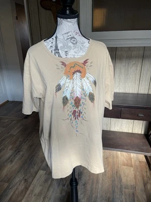 Camiseta Southwestern Glitter Feathers Tan Yunque Años 80 Talla XL Foto 1 de 3