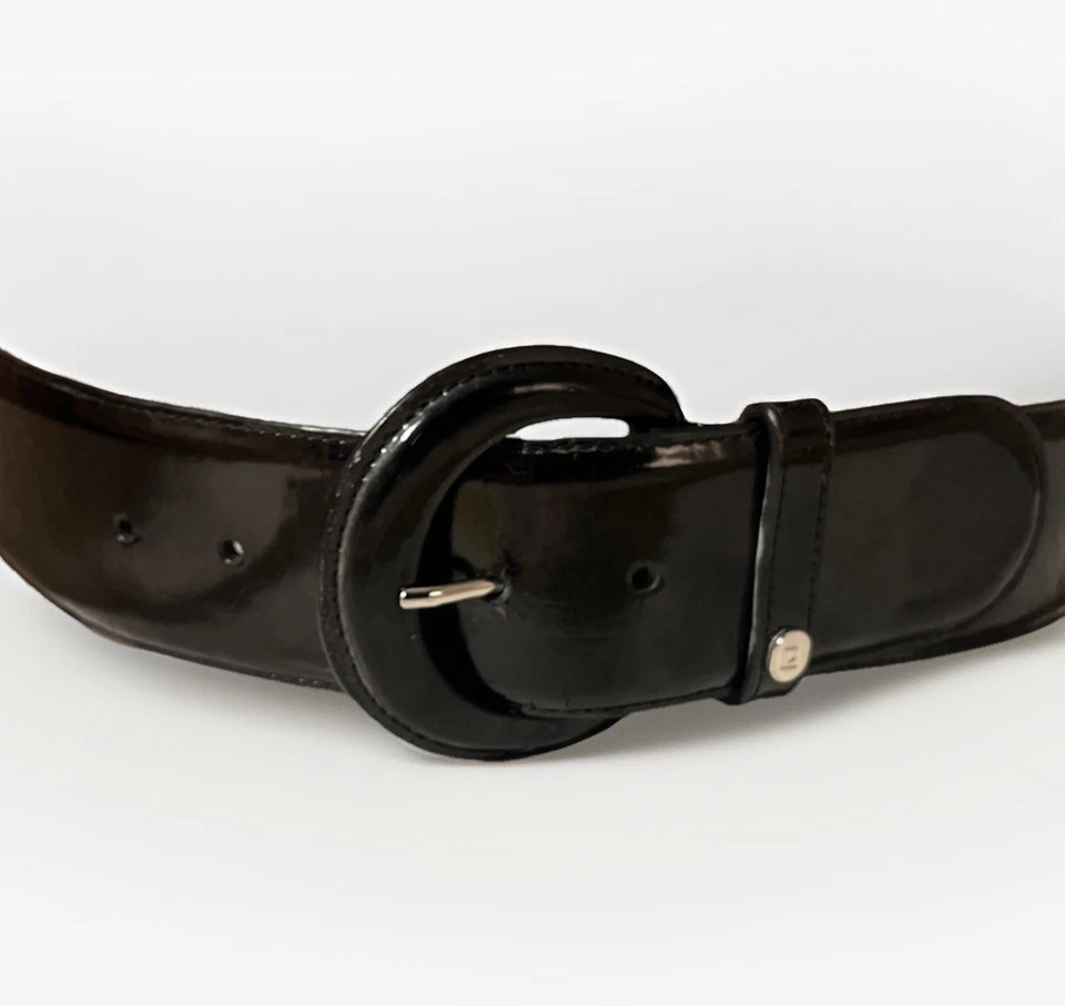 Lauren Ralph Lauren 漆皮光泽黑色宽腰带 M 码 — 第 1/4 张图片