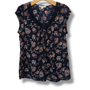 DR2 by Daniel Rainn women's blue floral short cap sleeves lightweight Blouse - Picture 1 of 7