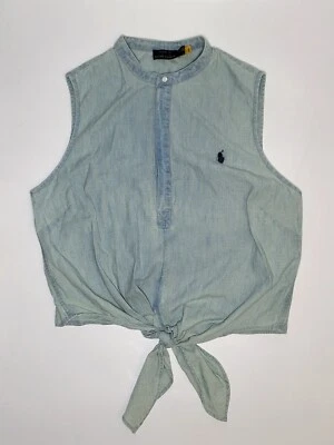 Polo Ralph Lauren Mujer 12 Cambray Manga Corta CAMISETA Denim Botón Cuello EXCELENTE  Foto 1 de 4