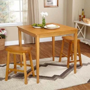 Oak Wooden Breakfast Dining Set Bistro Table Saddle Counter Stools Bar Kitchen - Picture 1 of 4