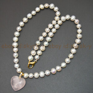 7-8mm White Cultured Baroque Pearl Pink Rose Quartz Heart Pendant Necklace 18''