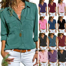 Damen Knopf Bluse Business T-Shirt Freizeit Hemdbluse Tunika Oberteile Basic Top