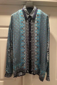 Creme de Silk Blue Multicolor Fancy Print Roman God Silk Long Sleeve Shirt - 3X - Picture 1 of 8