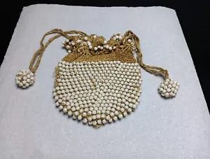 Vtg White Beaded Purse Brown Crochet Bag DrawString Satch 5"x5" - Picture 1 of 8