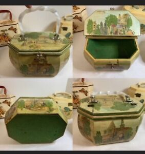 Vintage Hand painted Rectangle Wooden Box Basket Purse 70s Yellow/Green RARE