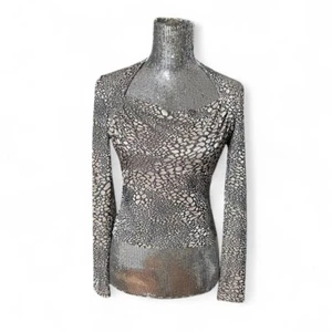 Vintage Y2K Cache Metallic Animal Print Drape Neck Ruched Long Sleeve Top Small - Picture 1 of 6