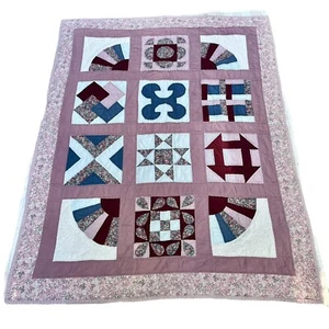 Vintage Quilt 66x52” Sampler Fan Pattern Purple Blue Coverlet Throw Cottagecore - Picture 1 of 23