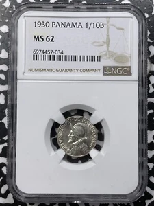 1930 Panama 1/10 Balboa NGC MS62 Lot#G7494 Silver! Nice UNC! - Picture 1 of 3