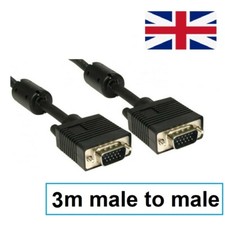 2X 3m Long Super VGA SVGA Monitor Cable Lead PC Laptop Male To Male 15 Pin Black