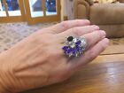 Brand New Large Siver Tone Adjustable Ring With Purple And Clear Crystals