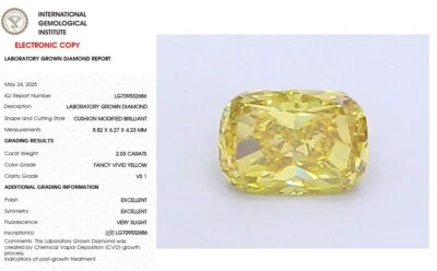 2.03 Cushion Lab Grown Diamond For Engagement Ring IGI Fancy Vivid Yellow VS1 - Image 1 of 4