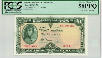 IRELAND 1 Pound 1969, P-64b, PCGS 58 PPQ Choice a/UNC, Superb Original Paper - Image 1 of 2