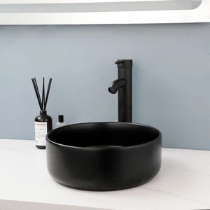FA Ceramic Bathroom Round Shape Vessel Sink Washing Basin Black Faucet Mixer Tap - Picture 1 of 9