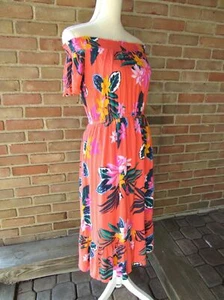 Vestido midi floral de gasa arrugada fuera del hombro definido cintura M azul marino antiguo para mujer - Imagen 1 de 17