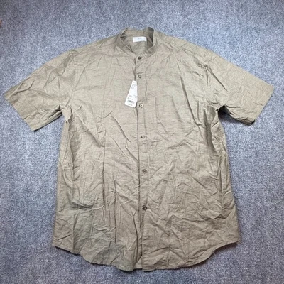Uniqlo Linen Shirt Mens Large Olive Green Band Stand Collar Button Up Button Up - Image 1 of 4