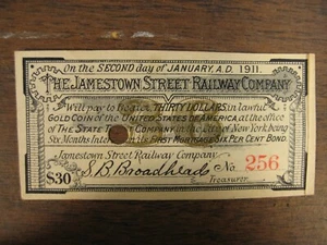 Jamestown Street Railway Company Western New York Trolley $30 Bond Coupon 1891 - Picture 1 of 3