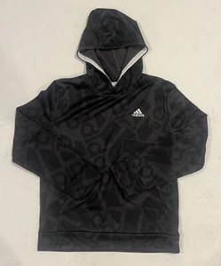 Adidas Kids Youth Hoodie Black Grey Logo Print Sweatshirt Size L 14/16 Polyester - Picture 1 of 9