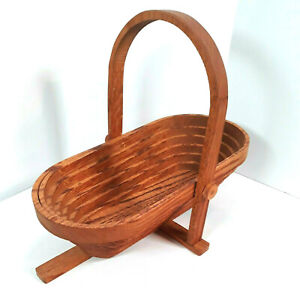 Collapsible Wooden Basket Oval Bowl Trivet Handcrafted 13" Farmhouse Boyce