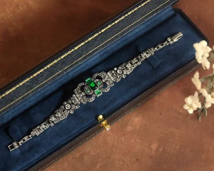 Silver Bracelet Art Deco Rhinestone Green Rectangle 1920s Great Gatsby QD30 - Picture 1 of 11