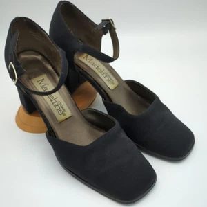 Madeline Stuart Dizzy Black Satin Pumps Ankle Strap Block Heel Size 6 Square Toe - Picture 1 of 24