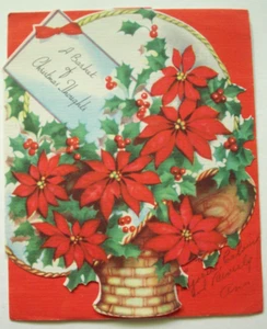 Basket of poinsettia vintage Christmas greeting card *TT5 - Picture 1 of 3