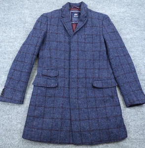 Moon Wool Coat Medium Blue Windowpane Burgundy Quilt Lined Jacket Tommy Hilfiger - Picture 1 of 24