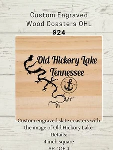 Alte Hickory Lake Tennessee individuell gravierte Holzuntersetzer - Bild 1 von 2