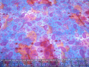 3 Yards Cotton Fabric - Benartex Paisley Everyday Batik Lilac Orange Pink & Blue