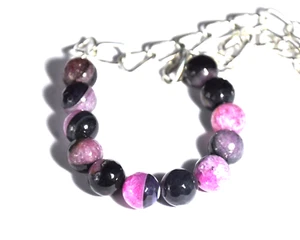 Pink and Black Agate Beaded Chain Necklace, Natural Gemstone Round Beads 17 inch - Bild 1 von 7