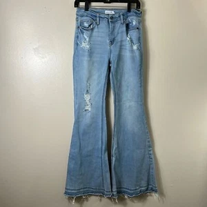 CELLO BLUE JEAN LONG PANTS DISTRESSED HIGH RISE FRAY HEM FLARE JUNIOR’S 7 - Picture 1 of 8