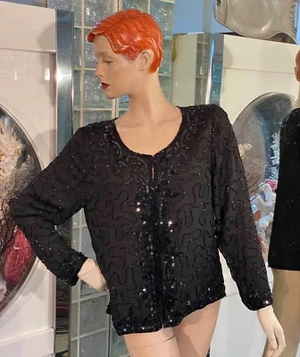 VTG Black Silk Beaded Evening Jacket Blouse Top Formal women Size S - Image 1 of 4