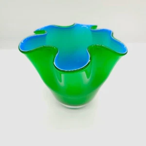 Handblown Glass Handkerchief Vase Green & Blue Cased Glass Ruffled Edge - Picture 1 of 11