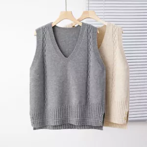 Womn Vest Tank Tops Knitted Waistcoat Gilet Cable Knit Jumper Sweater Pullover - Picture 1 of 15