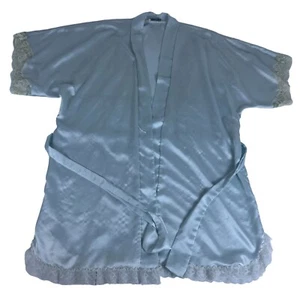 Vintage Christian Dior Satin Kimono Mini Robe Women's M Pale Blue Lace Trim RARE - Picture 1 of 13