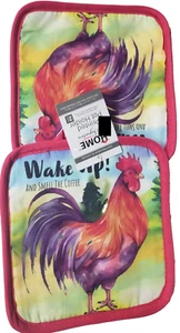 2er Set Bedruckte Topflappen (7"x7") HAHN, WACH AUF & RIECHE DEN KAFFEE, Rosa, HG - Bild 1 von 7