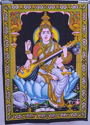 Diosa hindú Saraswati lentejuelas tapiz colgante de pared batik decoración étnica arte de pared Foto 1 de 3