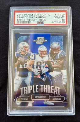 2018 Contenders Optic Tom Brady Rob Gronkowski Triple Threat Blue 6/25 PSA 10 - Image 1 of 2