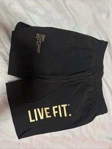 NWOT LVFT Live Fit Co. Drawstring Mens Medium Training Workout Shorts Black Gold - Picture 1 of 6