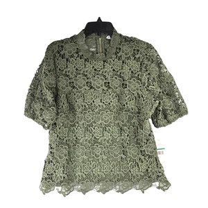 Blusa Nanette Lepore Mujer Verde Floral Encaje Cuello Simulado Manga Corta Talla L Nueva con Etiquetas - Imagen 1 de 13